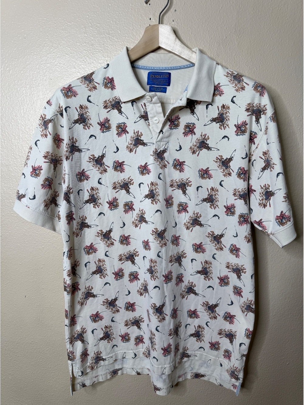 Pendleton Mens L Polo Shirt Cream 100% Cotton Fly Fishing All Over Print